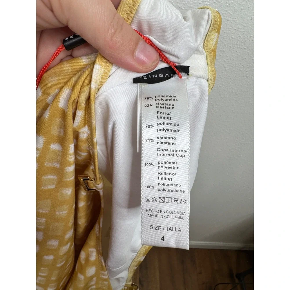 Zingara Women Mustard Yellow White Geometric‎ One Piece Swimsuit Size 4 NWT